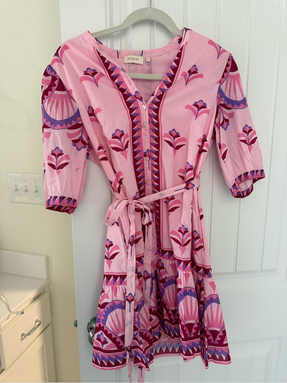 Banjanan Pink Printed Short Sleeve Tie-Waist Dress